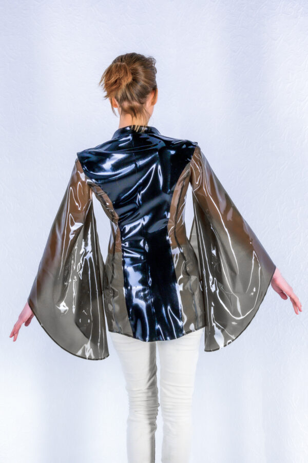 Latex vest with removable cape sleeves in smokey latex